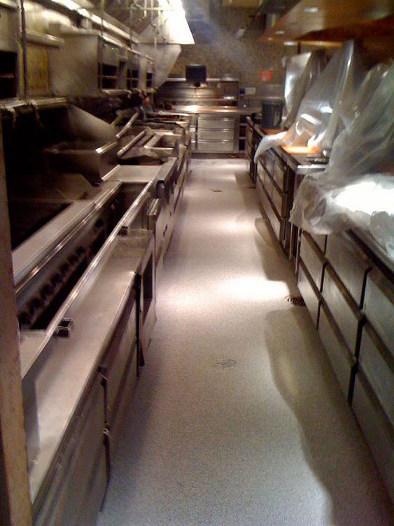 Fast curing MMA seamless flooring was installed in one night which enabled  the restaurant to open for business in the morning.